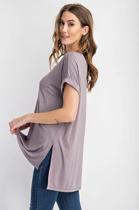 V NECK BASIC HIGH LOW HEM TOP