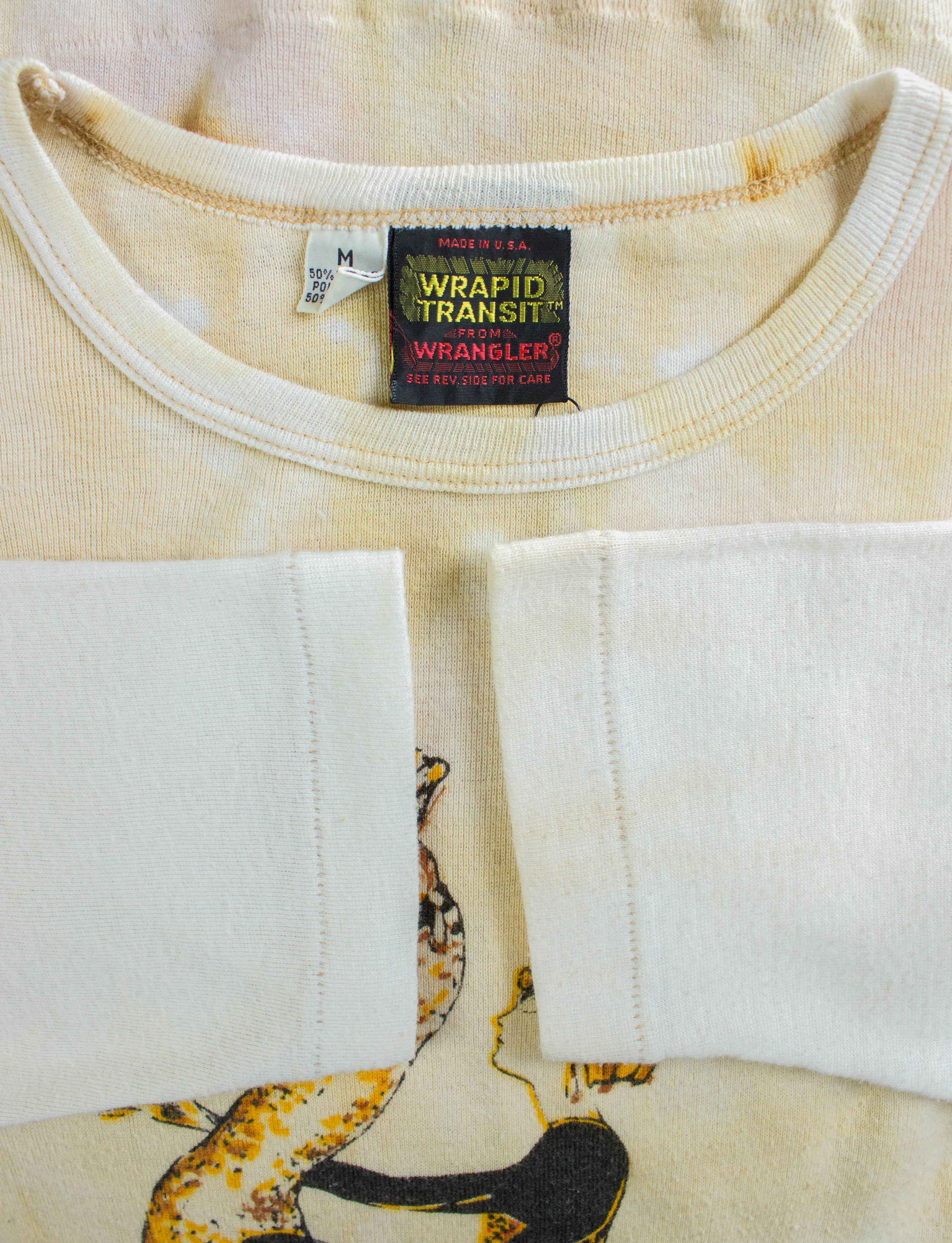 Vintage 70s Wrangler Wrapid Transit Tan and White Tie Dye Ribbed Peacock Graphic T Shirt Unisex XS-Small