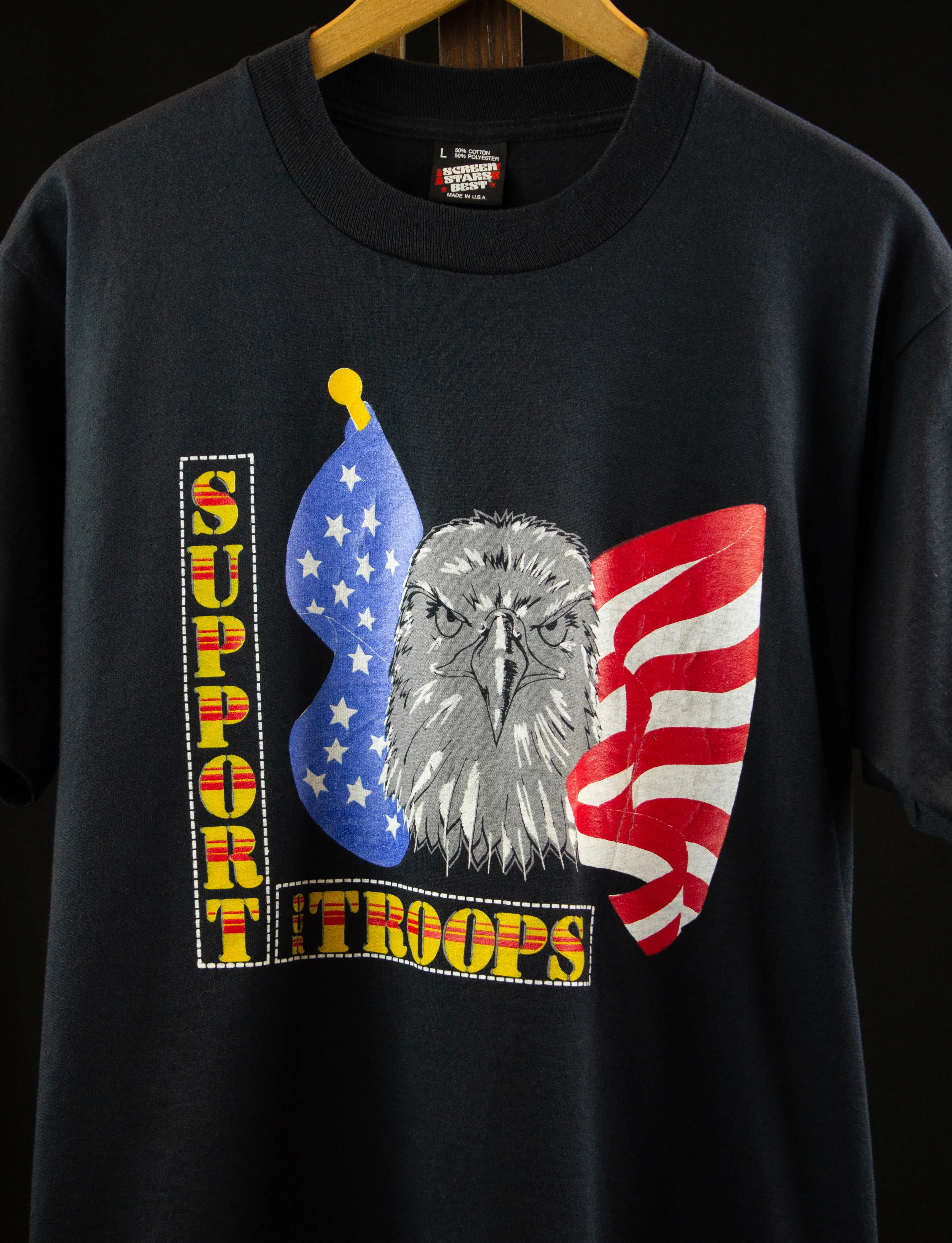 Vintage Support Our Troops Graphic T Shirt 90s American Flag and Eagle Black Medium-Large