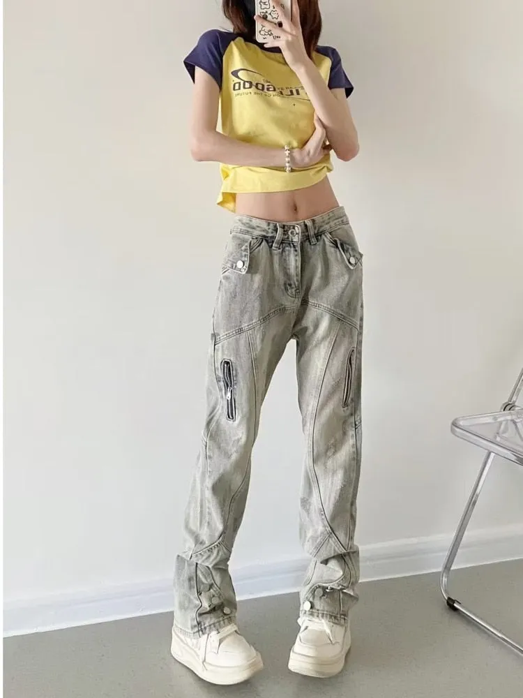 Wenkouban Yellow Mud Color Street Zippered Jeans  Women's High Street Trendy Straight Leg Pants  Slimming Micro Flared Pants