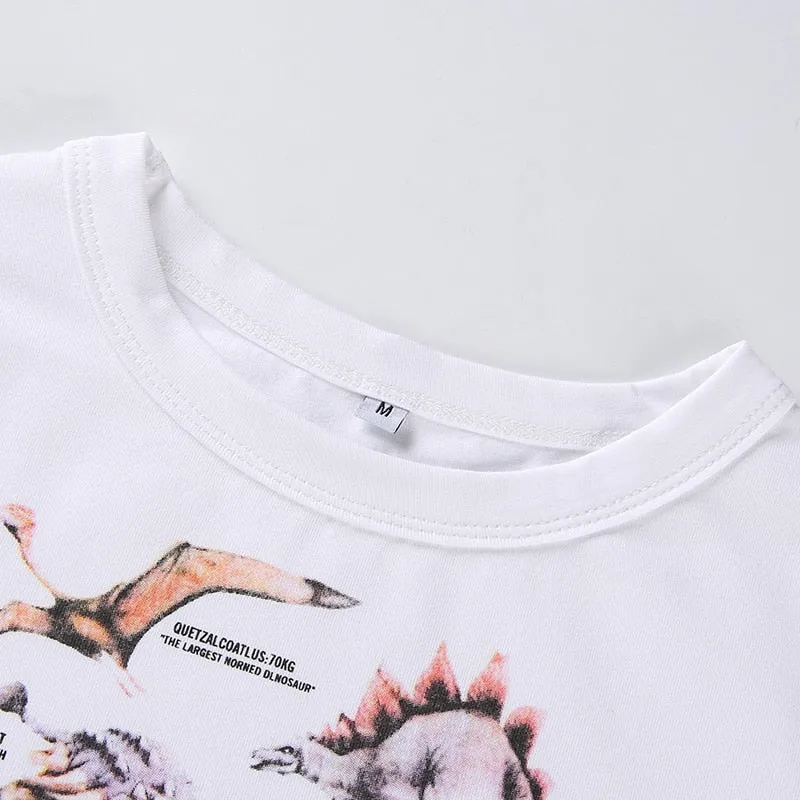 White Dinosaur Animal Print Graphic Short Sleeve O-Neck Knitted Tees