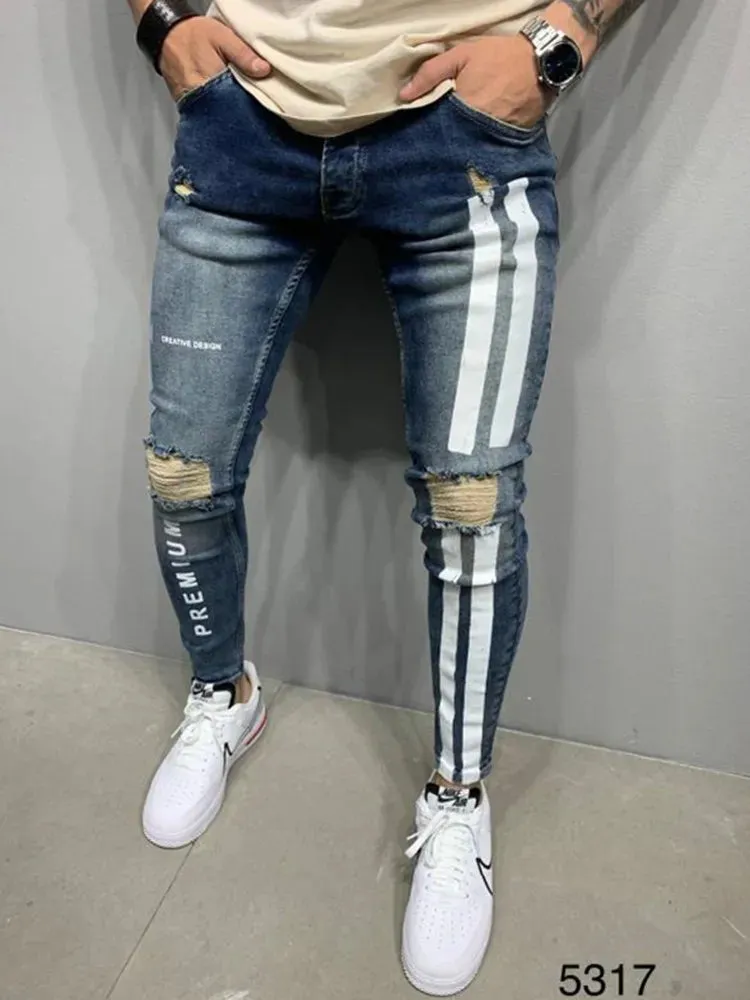 Wiaofellas  -  Ripped Jeans  Men Skinny Striped Zipper Denim Hole Wash Vintage Hip Hop Work Trousers Slim Printed Black Jeans Men New