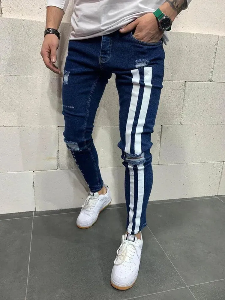 Wiaofellas  -  Ripped Jeans  Men Skinny Striped Zipper Denim Hole Wash Vintage Hip Hop Work Trousers Slim Printed Black Jeans Men New