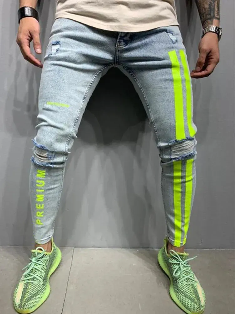 Wiaofellas  -  Ripped Jeans  Men Skinny Striped Zipper Denim Hole Wash Vintage Hip Hop Work Trousers Slim Printed Black Jeans Men New