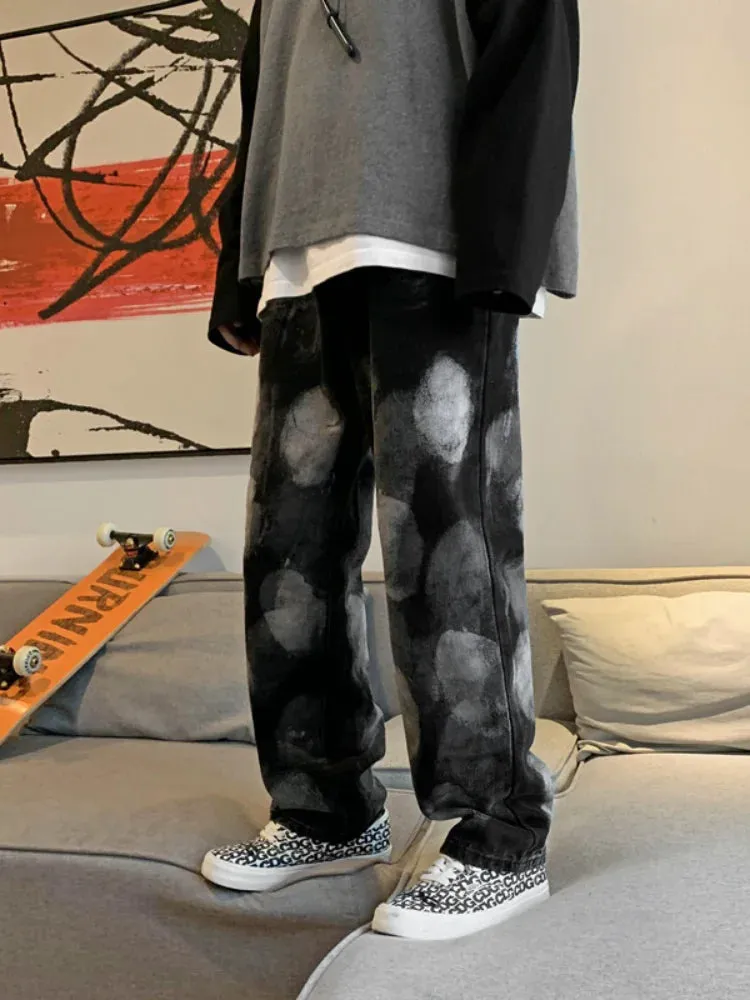 Wiaofellas  -  Splash Ink Pants High Street Jeans Tie-dye Jeans Men's Loose Straight Wide-leg Pants Skinny Jeans  Ripped Jeans