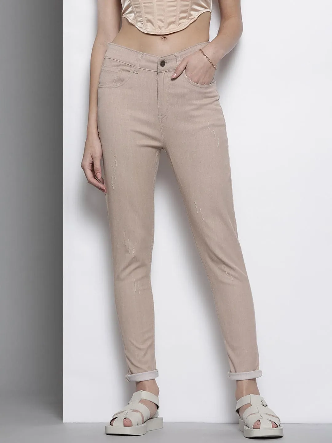 Women Beige Stretchable Twill Skinny Jeans