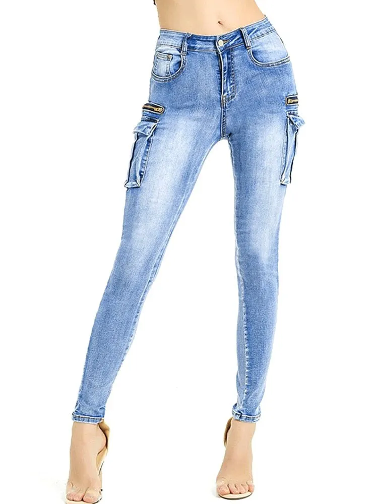 Women Summer Cargo Pants Female Zipper Pocket Stretch Slim Jeans