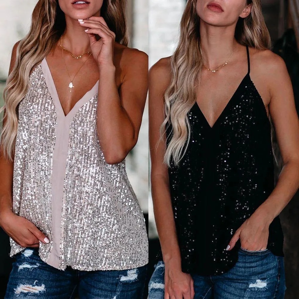 Women's Sleeveless Sparkle Shimmer Camisole Vest Sequin Tank Tops